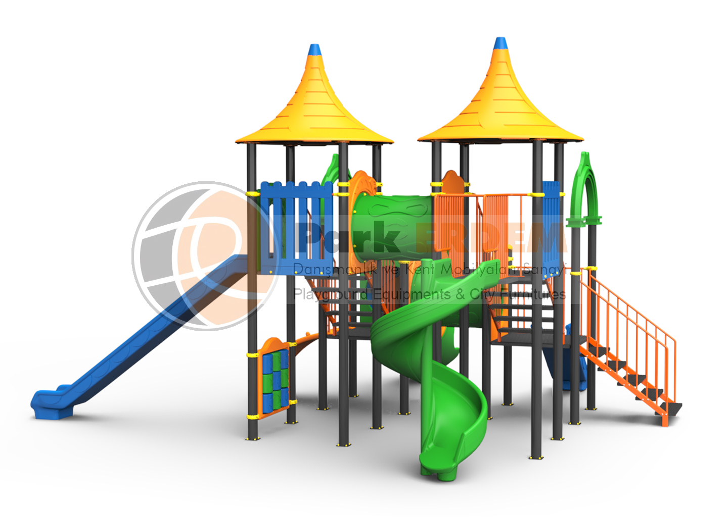 DÖRT KAYDIRAK DÖRT KULE KONİK ÇATILI ÇOCUK OYUN PARKI SETİ